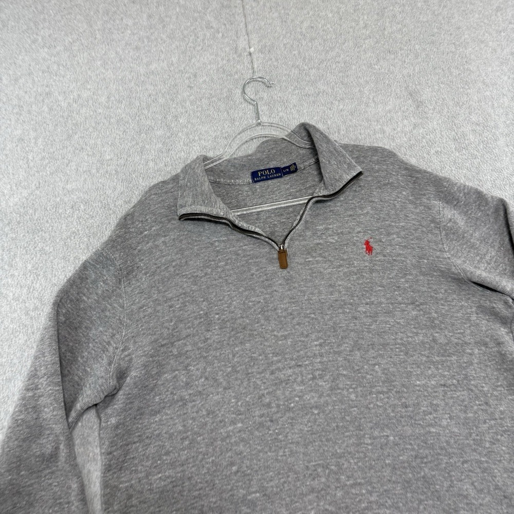 Polo Ralph Lauren Sweater Mens Large L Ribbed Rib Gray Quarter Zip Red Pony Logo